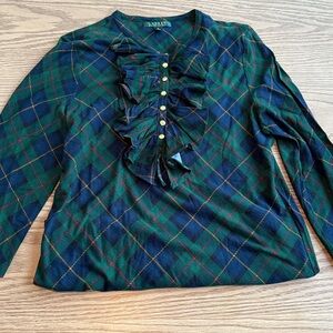 Ralph Lauren Green Tartan Plaid Ruffle Front Long Sleeve Shirt